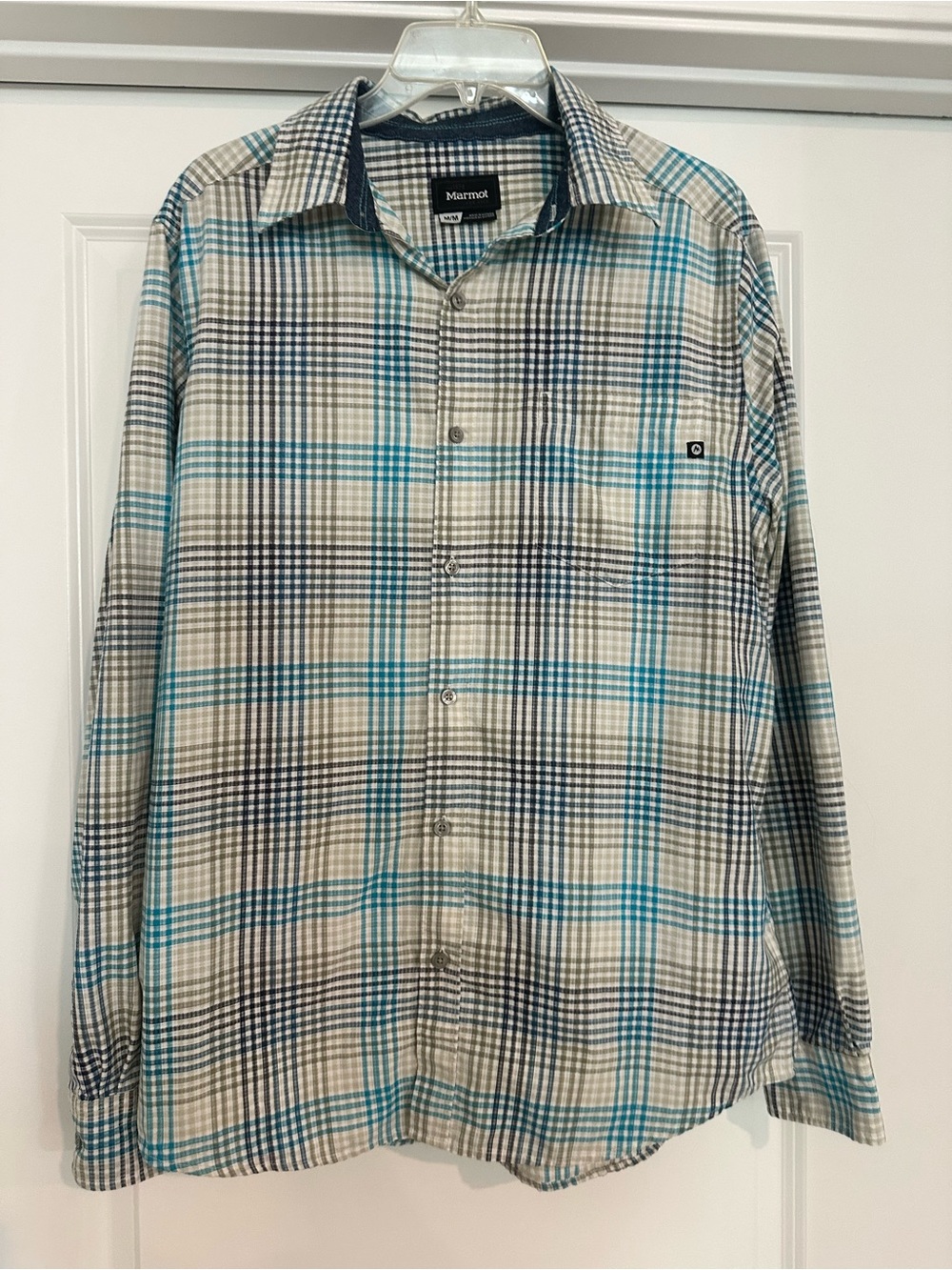 Marmot Teal, Gray and Cream Plaid Button-Down Shirt